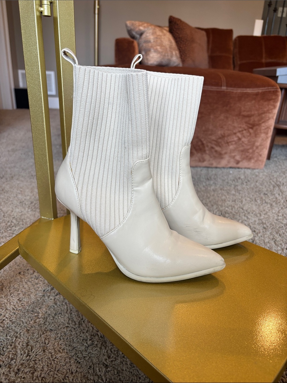 Cream Pointed-Toe High Heel Sock Boots